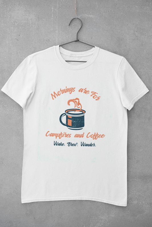 Mornings Are for Campfires and Coffee | Retro Camping Coffee Tee for Outdoor Lovers