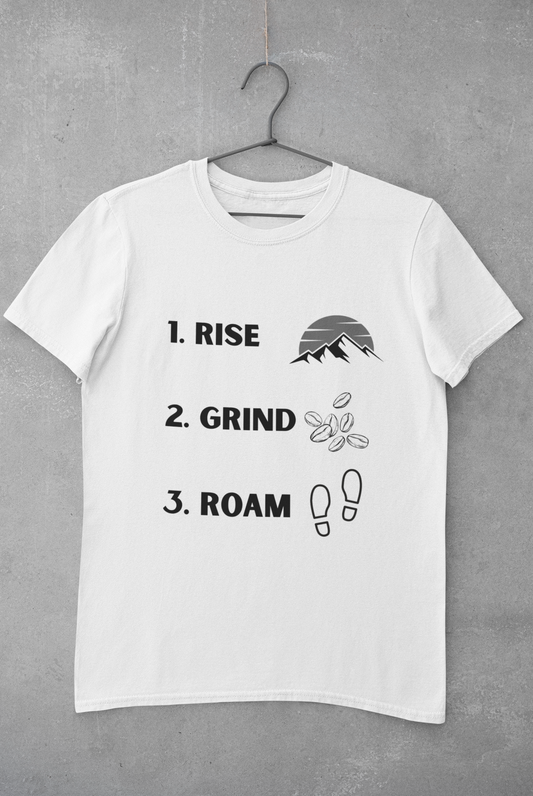 Rise Grind Roam T-Shirt – Outdoors Coffee Shirt for Hikers & Adventurers