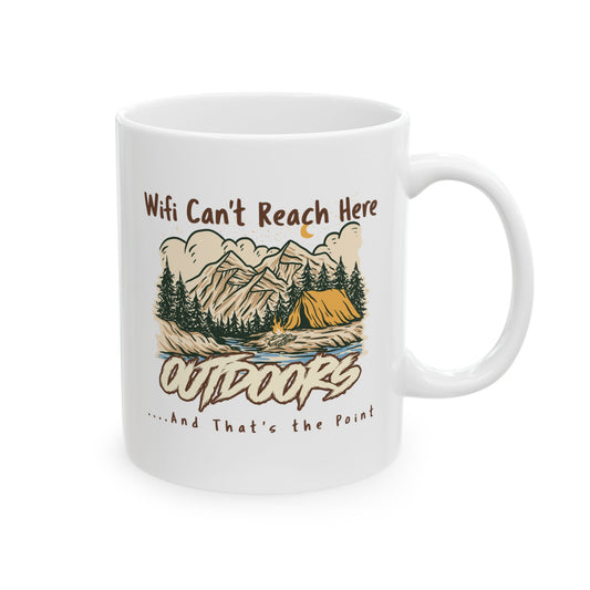 Wifi Can’t Reach Here Camping Mug – Minimal Outdoor Coffee Cup for Nature Lovers