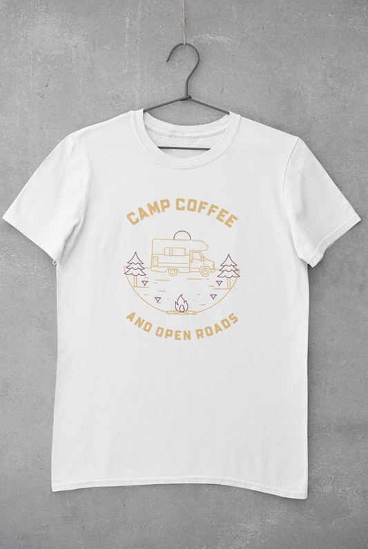 Camp Coffee and Open Roads T-Shirt | RV Camping Tee for Outdoor Lovers